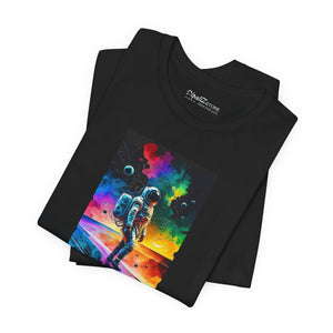 An astronaut in a vibrant background, Unisex Jersey Short Sleeve Tee