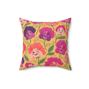 Floral Pansy Face Decorative Pillow — Cheerful Yellow Botanical Throw Pillow