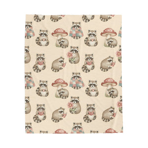 Velveteen Plush Blanket — Cozy Woodland Raccoon & Mushroom Throw