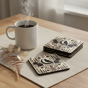 Gothic Raven Cork Coaster Set — Crescent Moon, Roses & Candles