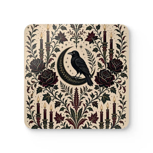 Gothic Raven Cork Coaster Set — Crescent Moon, Roses & Candles