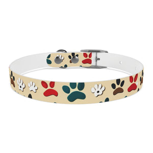 Paw Print Dog Collar — Colorful Red, Teal & Brown Paw Pattern