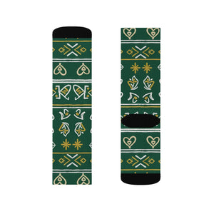 Green Nordic Heart Pattern Sublimation Socks — Festive Holiday Crew Socks