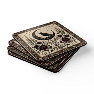 Mystic Raven & Crescent Moon Cork Coaster Set — Gothic Floral Drink Coasters