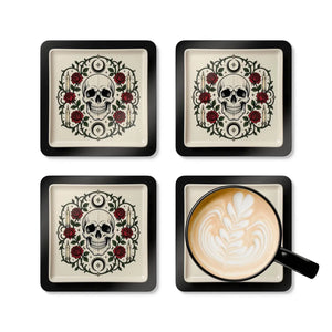 Skull & Roses Corkwood Coaster Set – Gothic Floral Drink Coasters
