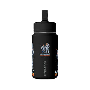 Astronaut in Training artwork on a black DipaliZ 14 fl oz kids water bottle