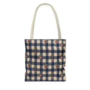 Gingham Rose Tote Bag — Vintage Navy Check Floral All-Over Print Tote