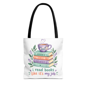 Book Lover Tote Bag — “I Read Books Like It’s My Job” Illustrated Stack & Tea