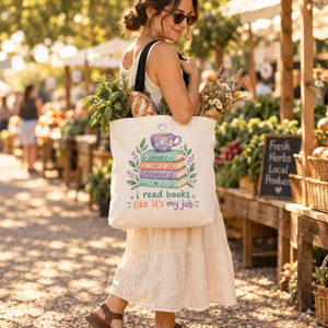 Book Lover Tote Bag — “I Read Books Like It’s My Job” Illustrated Stack & Tea