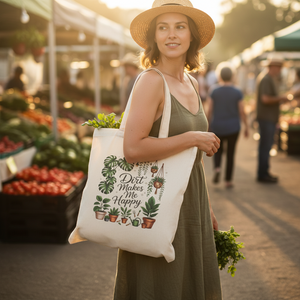 Canvas Tote Bag — “Dirt Makes Me Happy” Plant Lover Market Tote