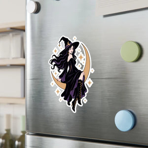 Mystical witch on crescent moon kiss-cut vinyl decal - home decor decals