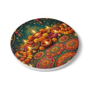 Diwali festival ceramic coaster – colorful rangoli and diya design - coasters