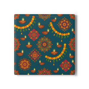 Diwali diyas and marigold mandala ceramic coaster - coasters