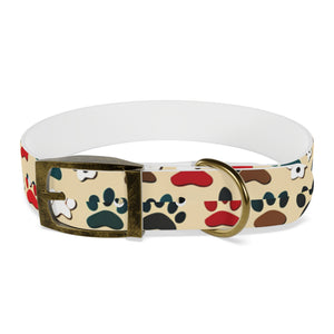 Paw Print Dog Collar — Colorful Red, Teal & Brown Paw Pattern
