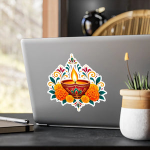 Diwali diya and marigold floral kiss-cut vinyl decal - home decor decals