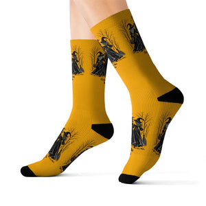 Witches Graphic Socks — Yellow Sublimation Crew Socks with “Girls will be girls” Design