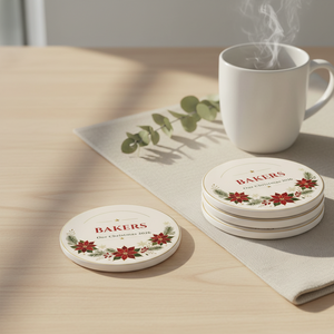 Personalized Poinsettia Ceramic Coaster — "BAKERS" Our Christmas 2026 Holiday Drink Mat