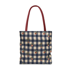 Gingham Rose Tote Bag — Vintage Navy Check Floral All-Over Print Tote