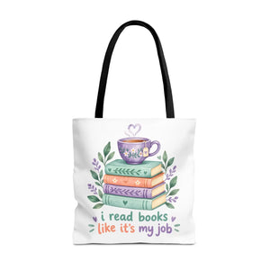Book Lover Tote Bag — “I Read Books Like It’s My Job” Illustrated Stack & Tea
