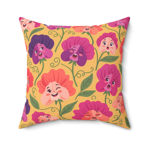 Floral Pansy Face Decorative Pillow — Cheerful Yellow Botanical Throw Pillow