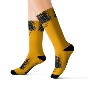 Witches Graphic Socks — Yellow Sublimation Crew Socks with “Girls will be girls” Design