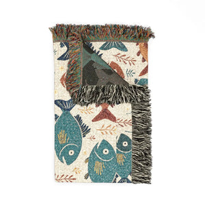 Fish Pattern Woven Blanket – Nautical Coastal Throw with Colorful School of Fish Design