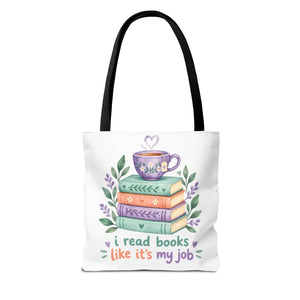 Book Lover Tote Bag — “I Read Books Like It’s My Job” Illustrated Stack & Tea