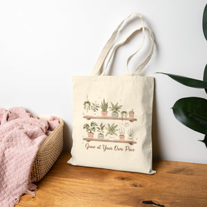 Plant Shelf Canvas Tote — "Grow at Your Own Pace" Reusable Market Bag