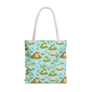 Frog Pond Pattern Tote Bag — Cute Lily Pad Frog All-Over Print Tote