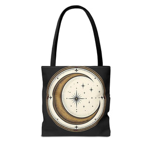Celestial Crescent Moon Tote Bag – Vintage Starry Night AOP Canvas