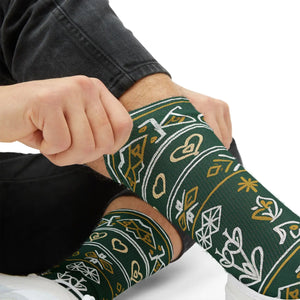 Green Nordic Heart Pattern Sublimation Socks — Festive Holiday Crew Socks