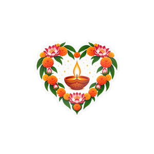 Heart-shaped diya and marigold floral vinyl decal - home decor decals