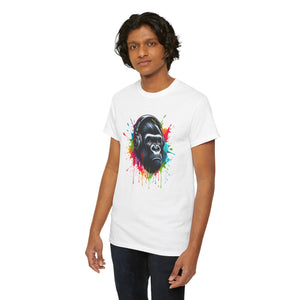 A Gorilla with a headphones with splashes of color, Unisex Heavy Cotton Tee