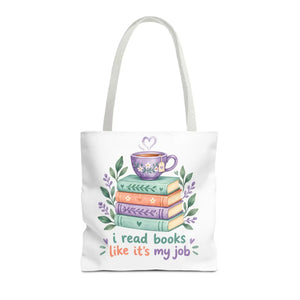 Book Lover Tote Bag — “I Read Books Like It’s My Job” Illustrated Stack & Tea