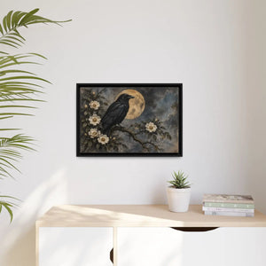 Framed canvas wall art – gothic raven and moon floral painting - printable