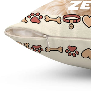 Personalized Dog Photo Pillow — Custom Pet Name "ZEUS" Square Throw Pillow, Cute Heart & Paw Border