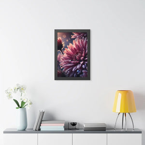 Chrysanthemum with dew drops framed vertical poster - posters