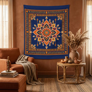 Mandala wall tapestry, boho navy floral meditation decor - decorative tapestries