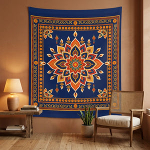 Mandala wall tapestry, boho navy floral meditation decor - decorative tapestries