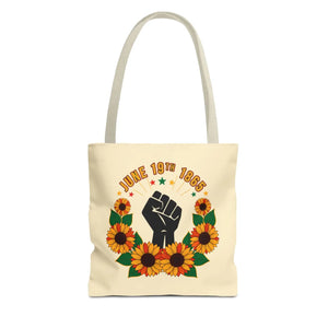 Juneteenth celebration tote bag – ’june 19th 1865’ sunflower & black power fist aop - bags