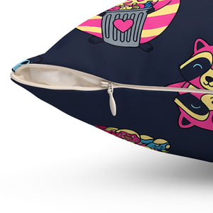 Cute Neon Raccoon Pattern Square Pillow — Colorful Cartoon Accent Cushion