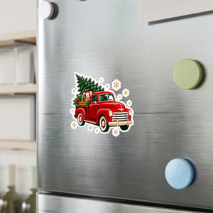 Vintage red christmas truck kiss-cut vinyl decal - home decor decals