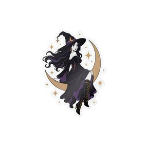 Mystical witch on crescent moon kiss-cut vinyl decal - home decor decals