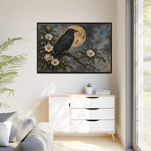 Framed canvas wall art – gothic raven and moon floral painting - printable