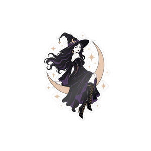 Mystical witch on crescent moon kiss-cut vinyl decal - home decor decals