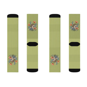 Floral Bouquet Sublimation Socks — Green Vintage Flower Crew Socks