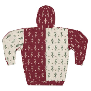 Holiday Split-Panel Hoodie — Burgundy & Cream Evergreen Pattern