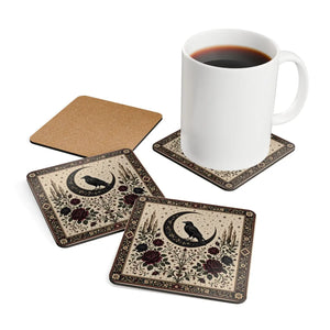 Mystic Raven & Crescent Moon Cork Coaster Set — Gothic Floral Drink Coasters