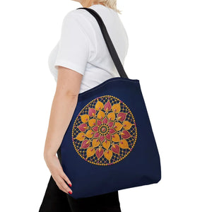 Mandala Floral Tote Bag — Vibrant Boho Lotus Design on Navy