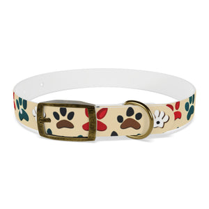 Paw Print Dog Collar — Colorful Red, Teal & Brown Paw Pattern